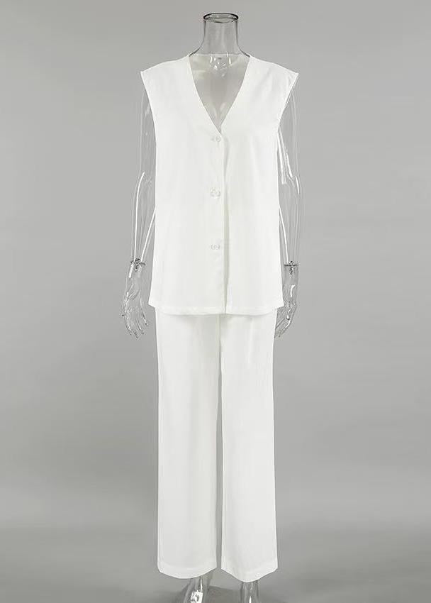Art White Oversized Cotton Vests and Wide Leg Pants Two Piece Set Outfits Summer
