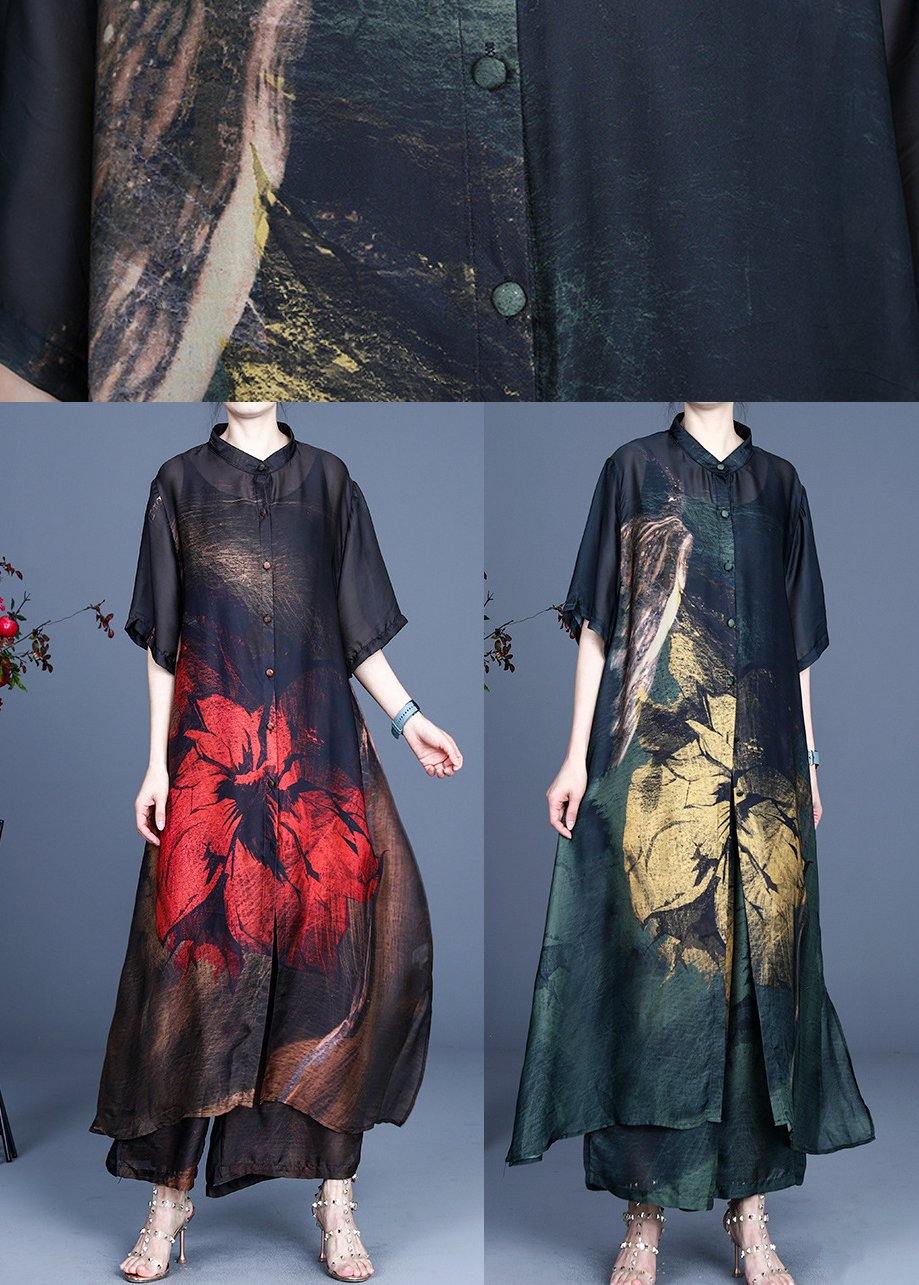 Art Yellow Print Half Sleeve Wide Leg Two Pieces Set