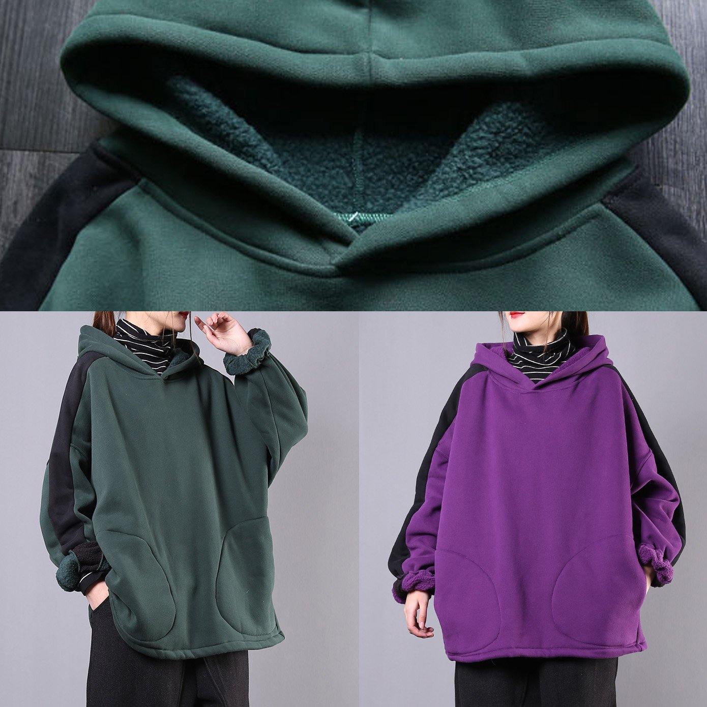 Art blackish green cotton Blouse hooded patchwork Midi fall blouse