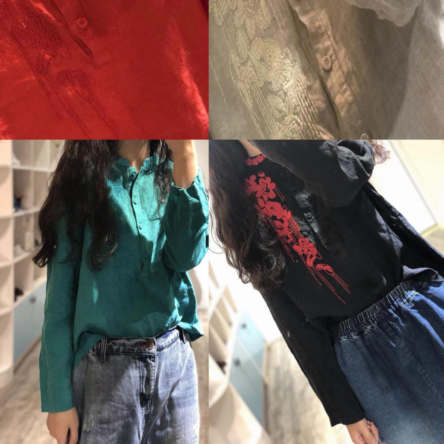 Art red embroidery linen clothes stand collar oversized fall tops