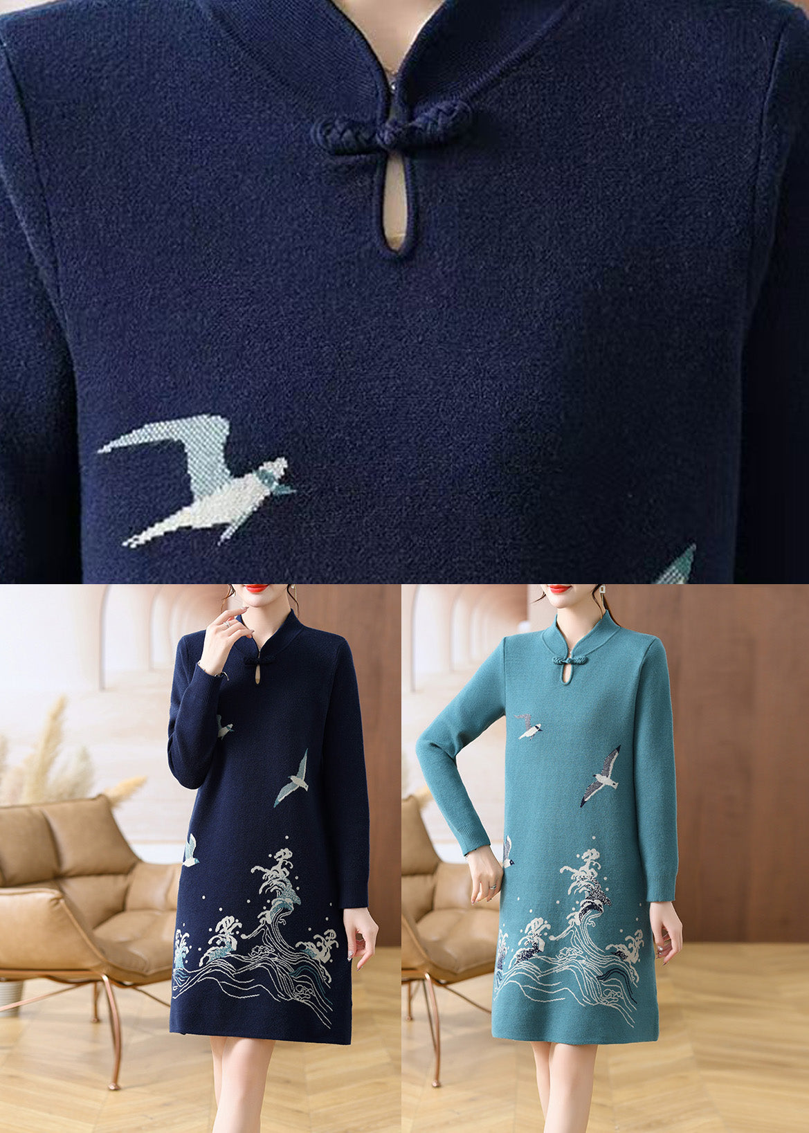 Baby Blue Print Button Cotton Knit Maxi Sweater Dress Spring