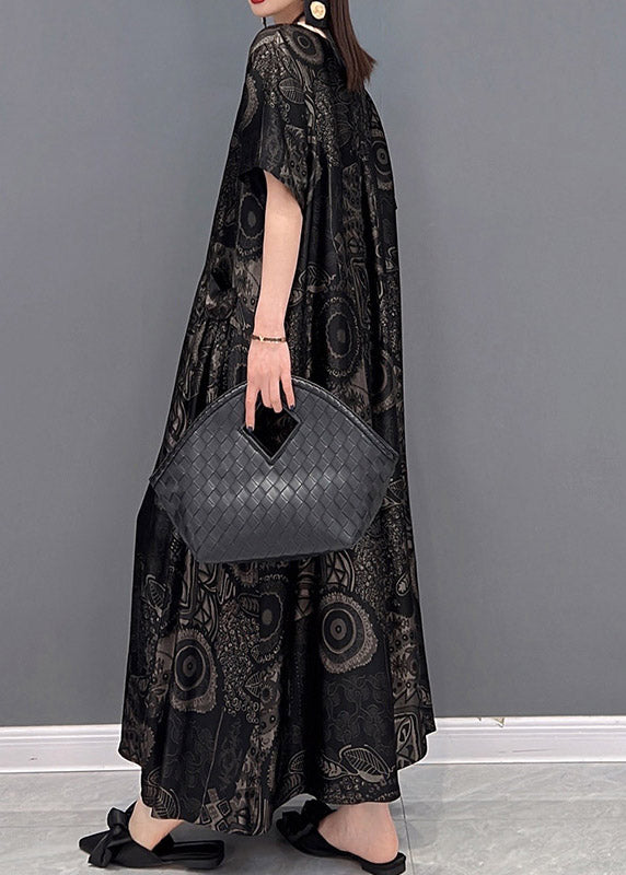 Blue Geometry O-neck Print Pockets Long Dresses Short Sleeve