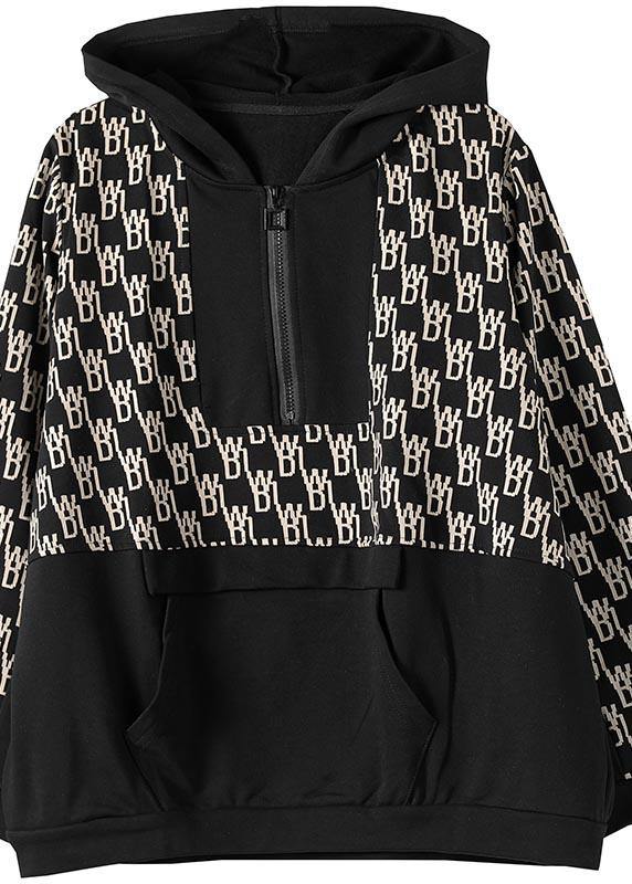 Beautiful Black Print Tunics For Women Hooded Pockets Spring Tops