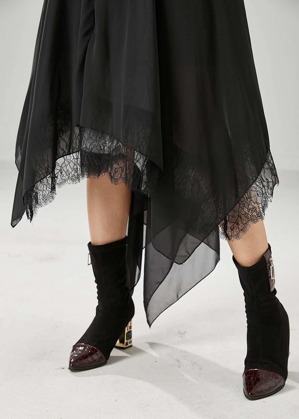 Black Square Collar Asymmetrical Patchwork Exra Large Hem Knit Dress Fall