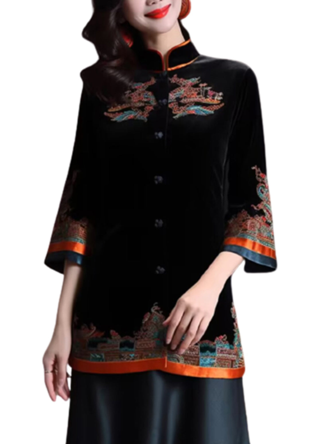Black Stand Collar Embroidered Button Silk Velour Coats Fall