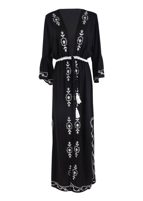 Black V Neck Embroider Tie Waist Side Open Holiday Long Smock Long Sleeve