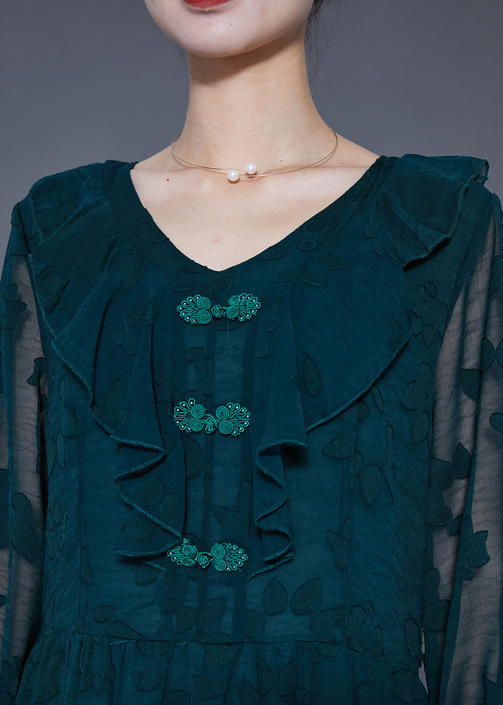 Blackish Green Ruffled Patchwork Silk Maxi Dress Summer