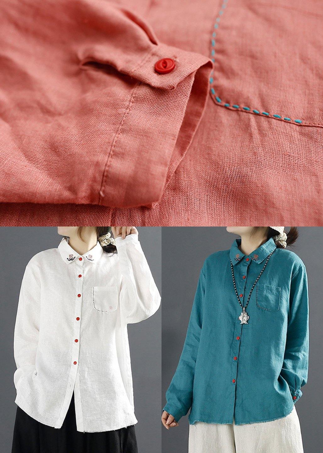 Beautiful Blue Blouses For Women Lapel Embroidery Baggy Blouse