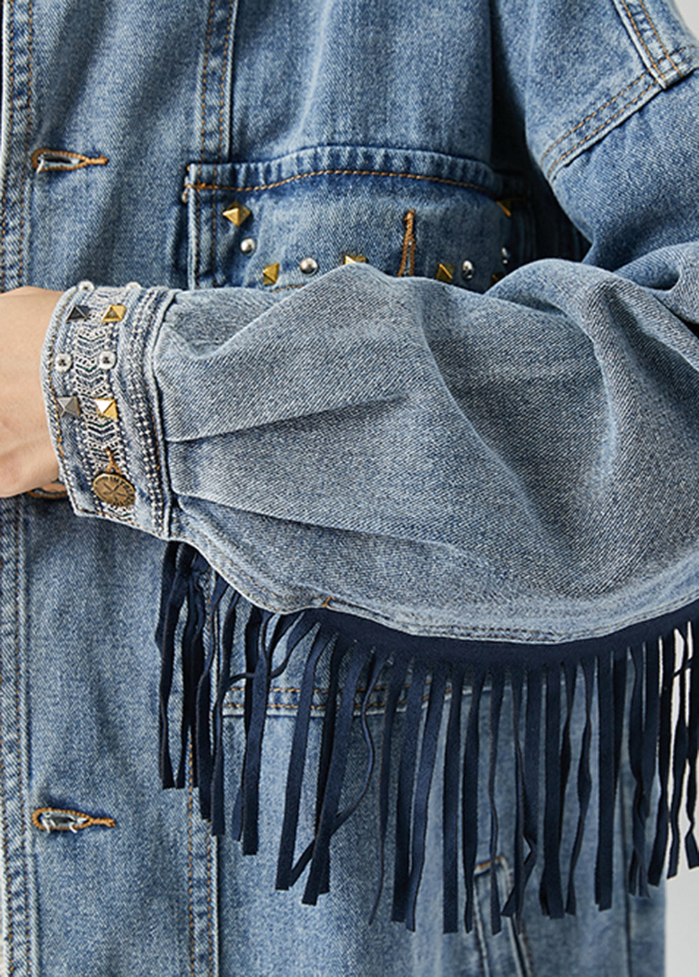 Blue Embroideried Patchwork Tasseled Denim Coats Fall