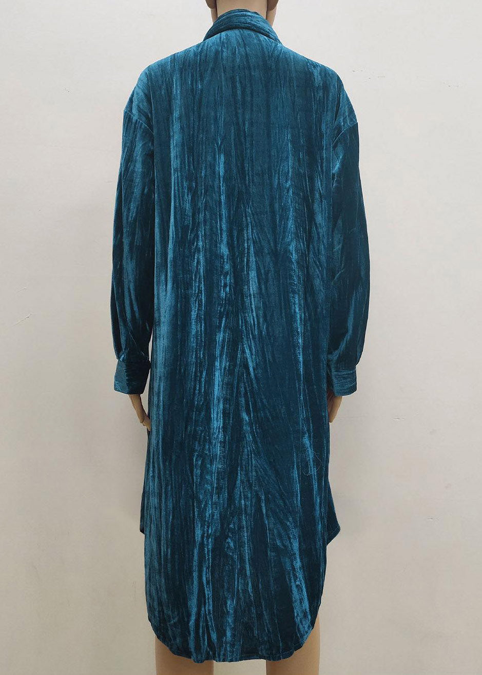 Blue Peter Pan Collar Print Button Velour Long Shirts Dresses Spring