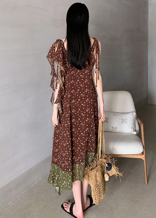 Chocolate Ruffled Patchwork Print Chiffon Long Dresses Sleeveless