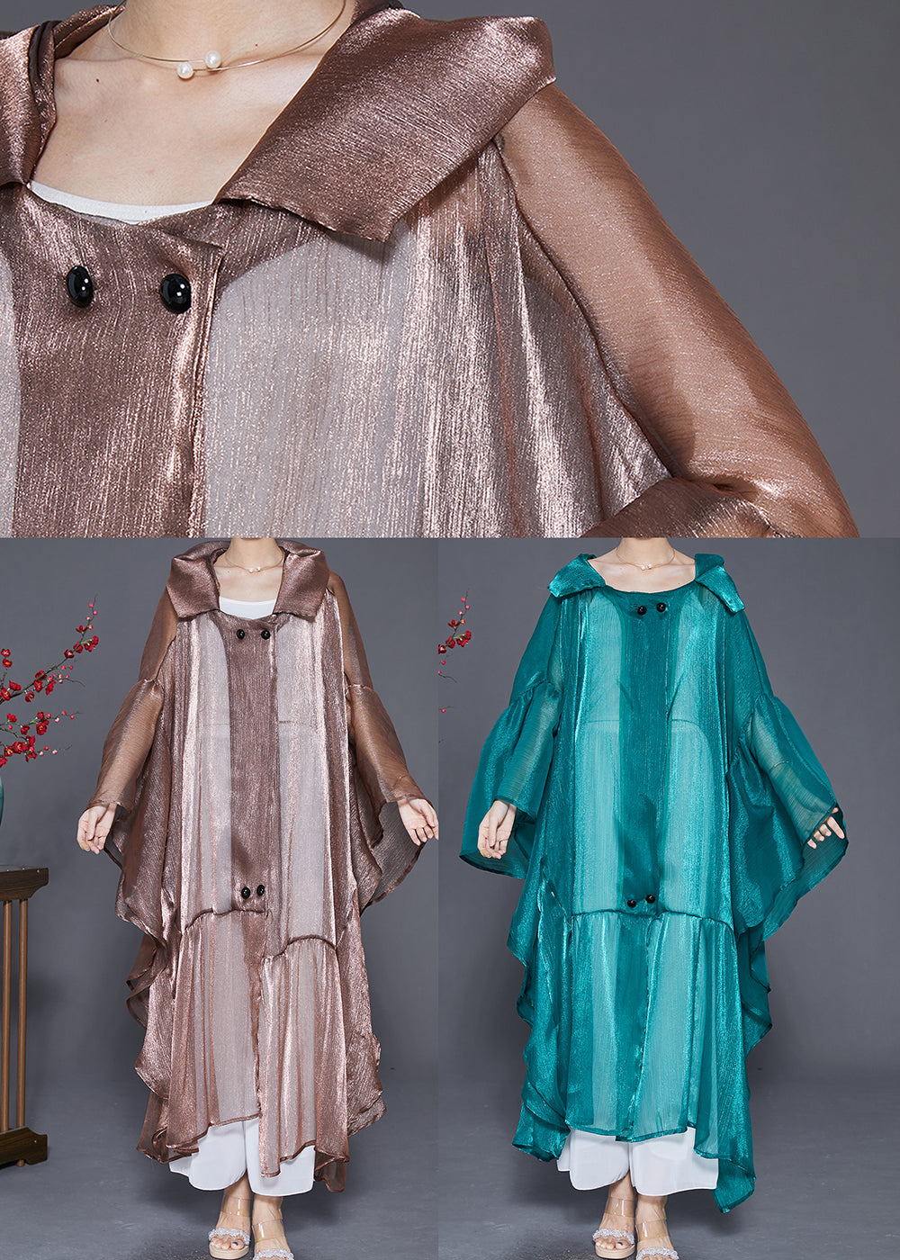Coffee Oversized Patchwork Ruffles Silk Cardigan Summer