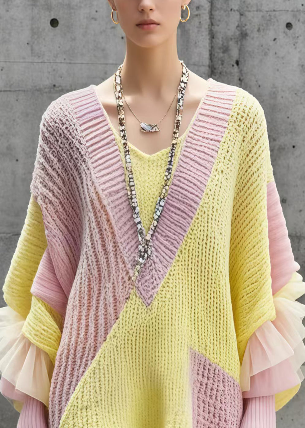 Colorblock Oversized Patchwork Long Sweater Batwing Sleeve