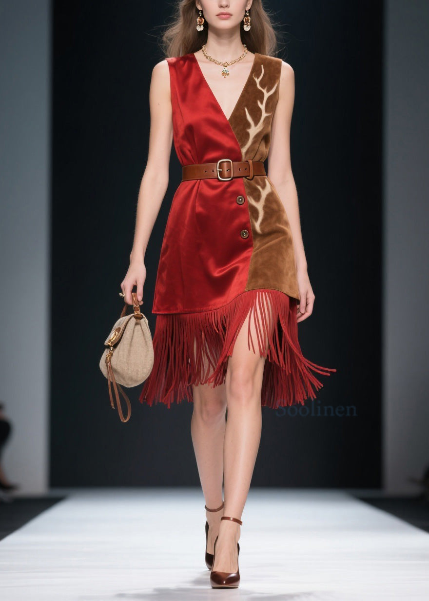 Colorblock Tassel Patchwork Velvet Dresses Sleeveless
