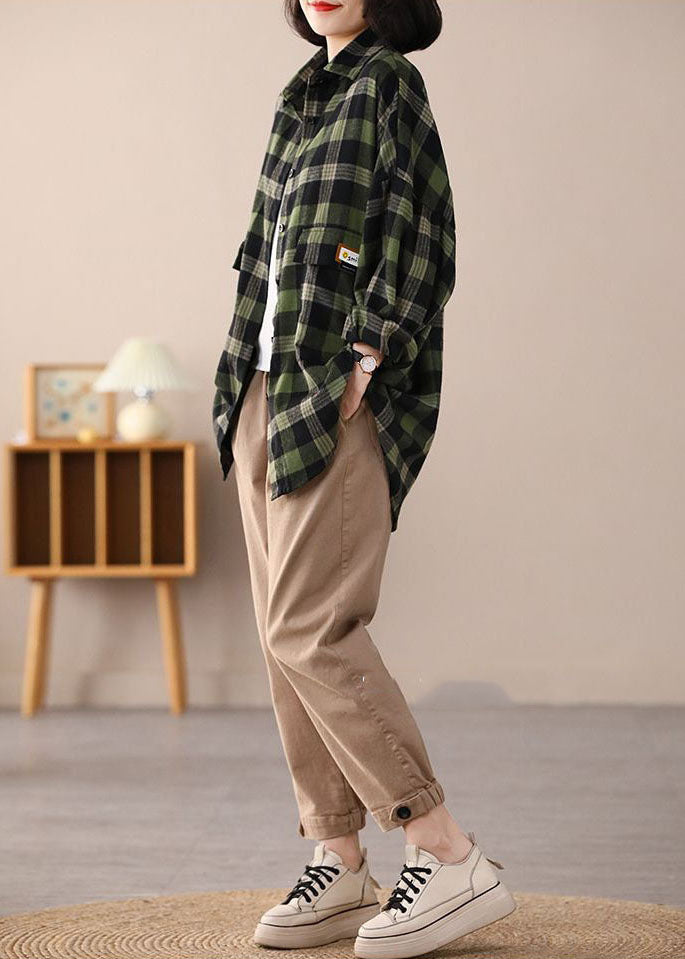 Green Oversized Plaid Applique Cotton Shirt Top Spring