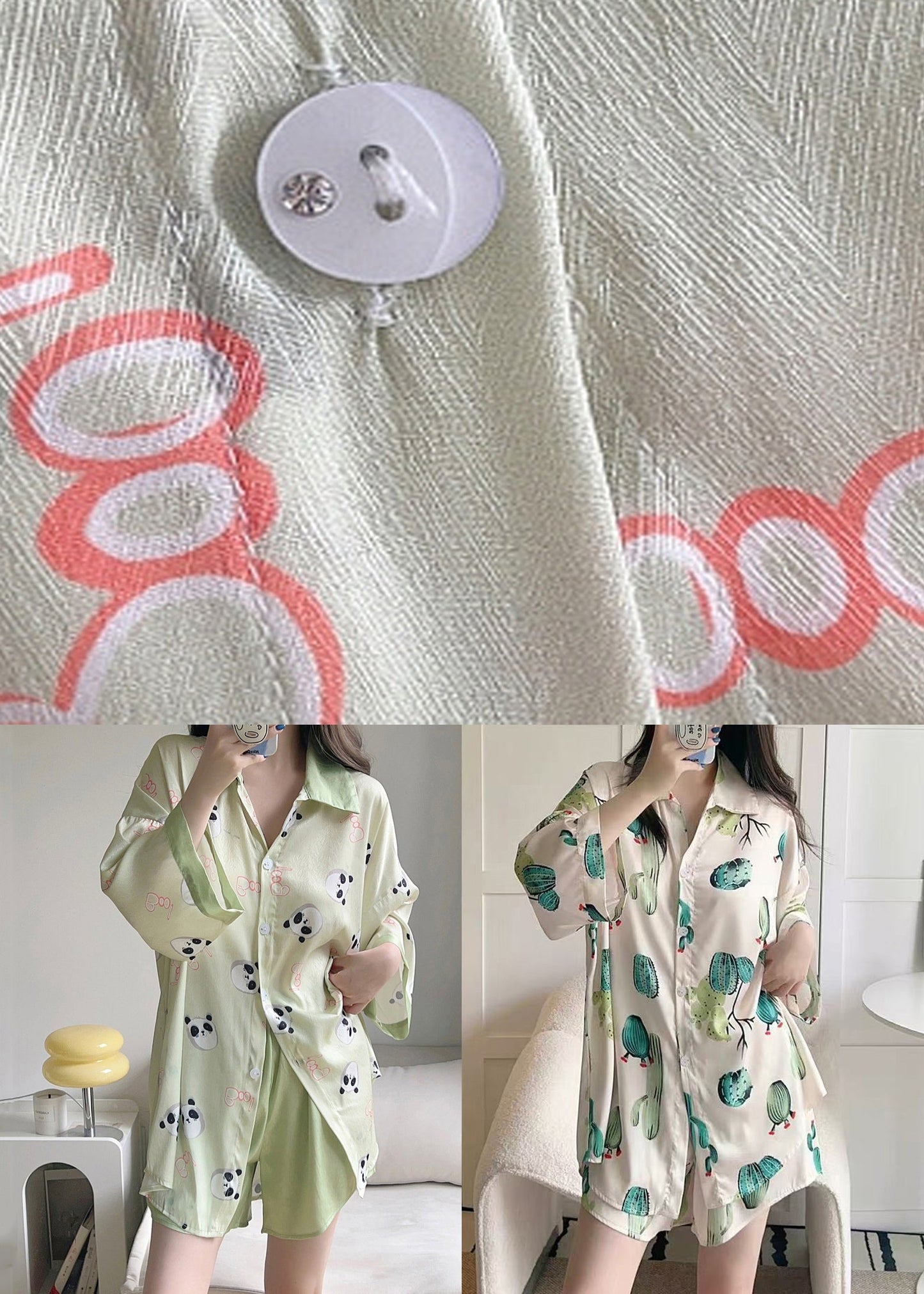 Green Print Shirts and Shorts Ice Silk Pajamas Two Pieces Set Spring