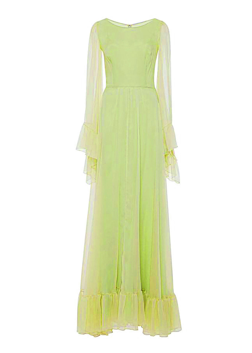 Green Ruffled Patchwork Silk Dresses Spring