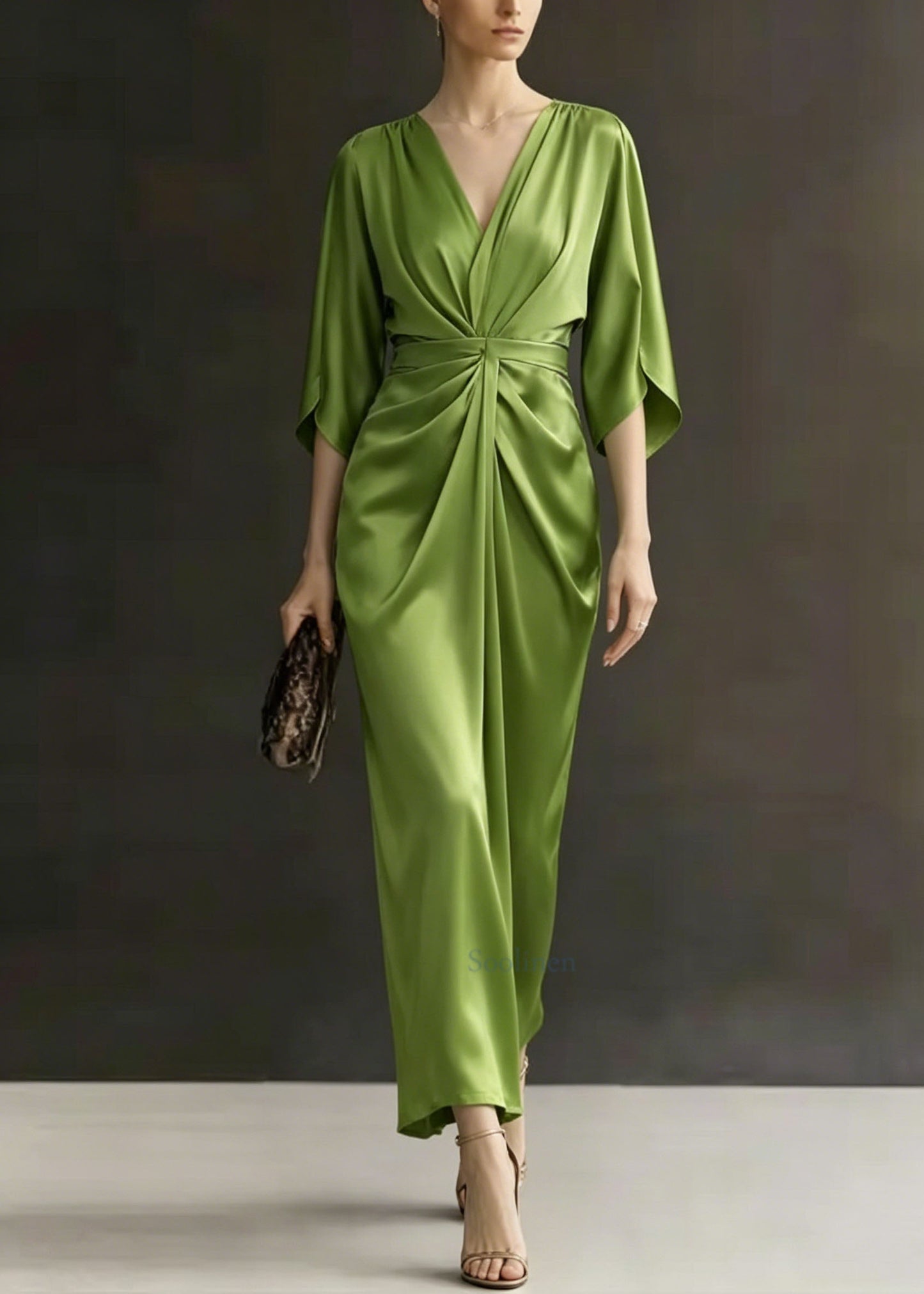 Green V Neck Wrinkled Silk Dress Batwing Sleeve