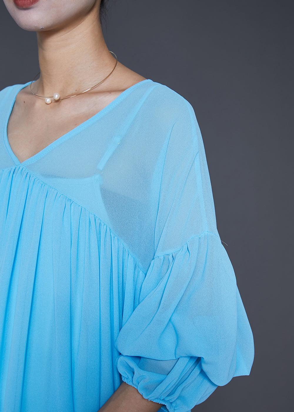 Lake Blue Oversized Wrinkled Chiffon Maxi Dress Fall