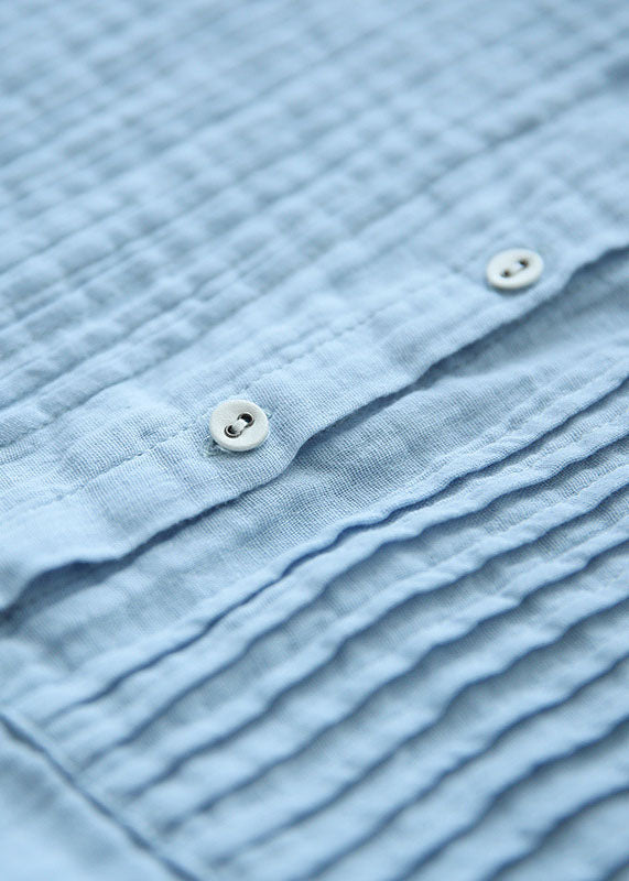 Light Blue Stand Collar Wrinkled Button Linen Blouse Tops Short Sleeve