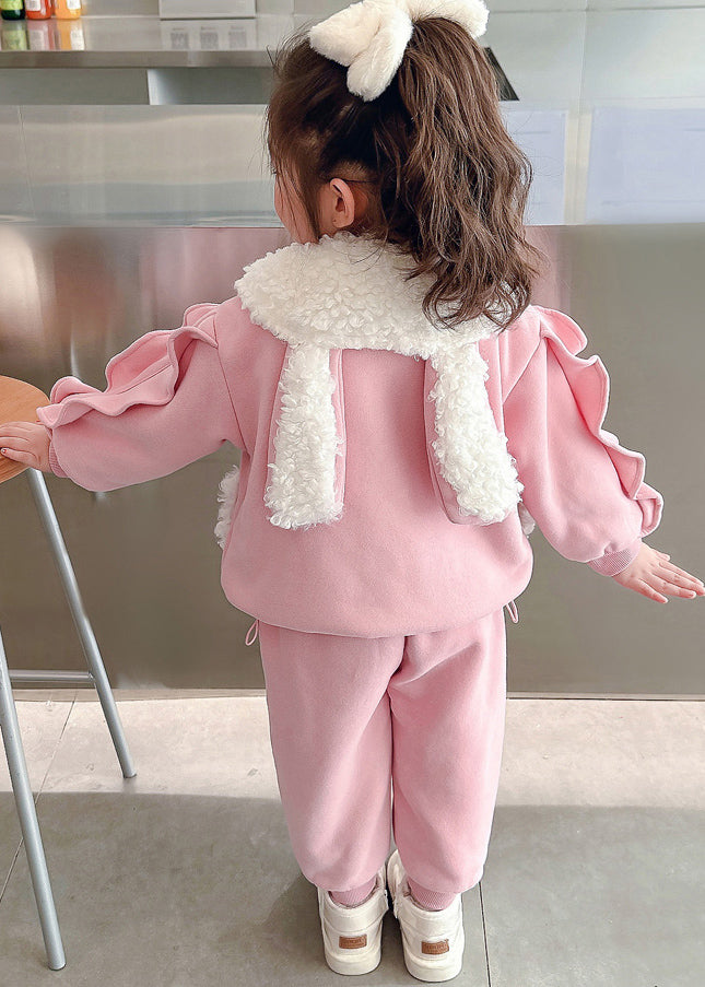 Pink Peter Pan Collar Patchwork Warm Fleece Coats Beam Pants and Two Pieces Set Winter