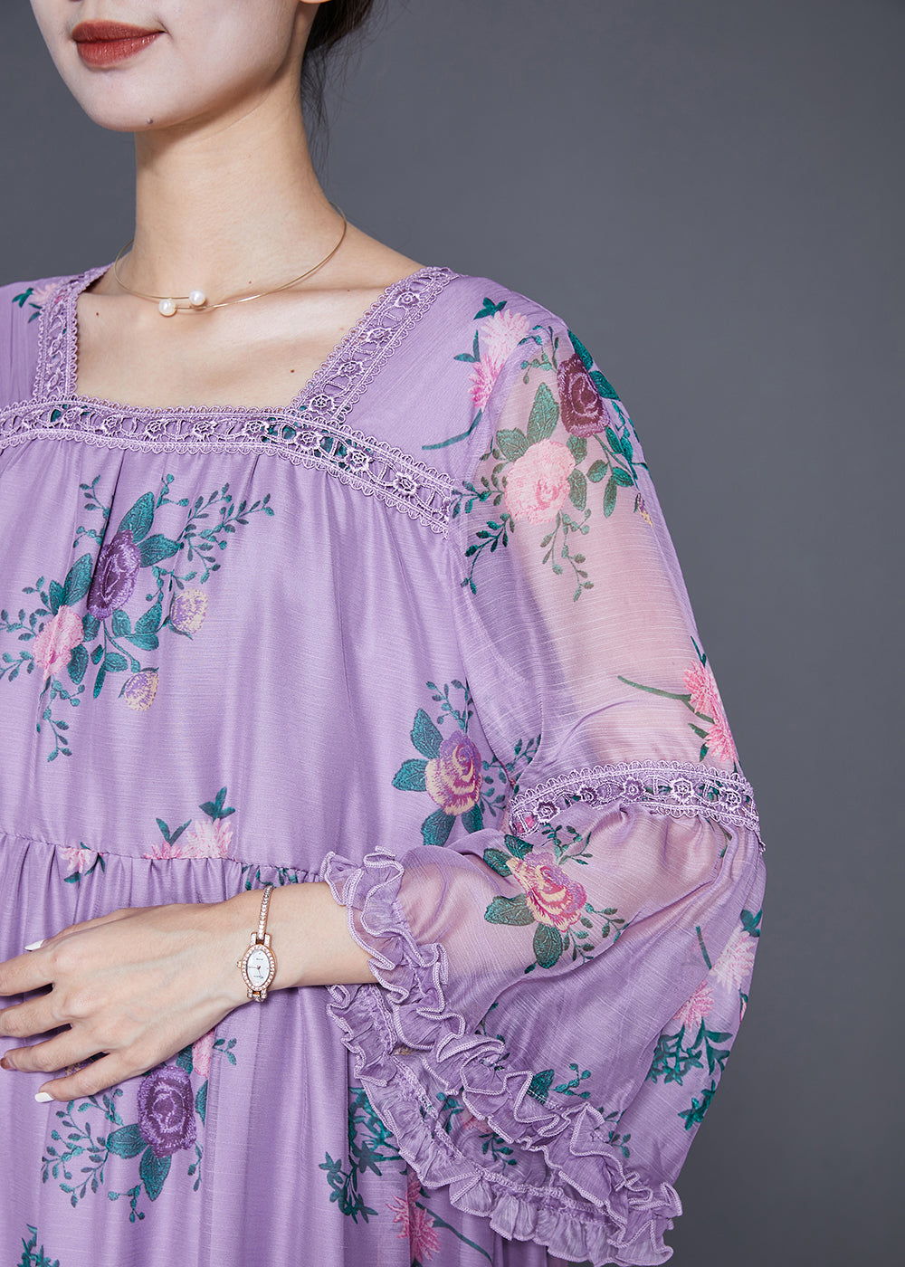 Purple Square Collar Patchwork Ruffled Silk Dresses Summer