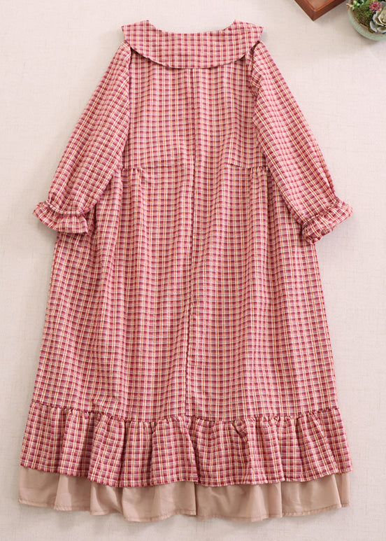 Red Plaid Peter Pan Collar Ruffled Cotton Dresses Spring
