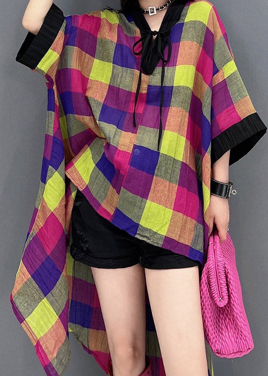 V Neck Asymmetrical Low High Design Plaid Dress Long Sleeve