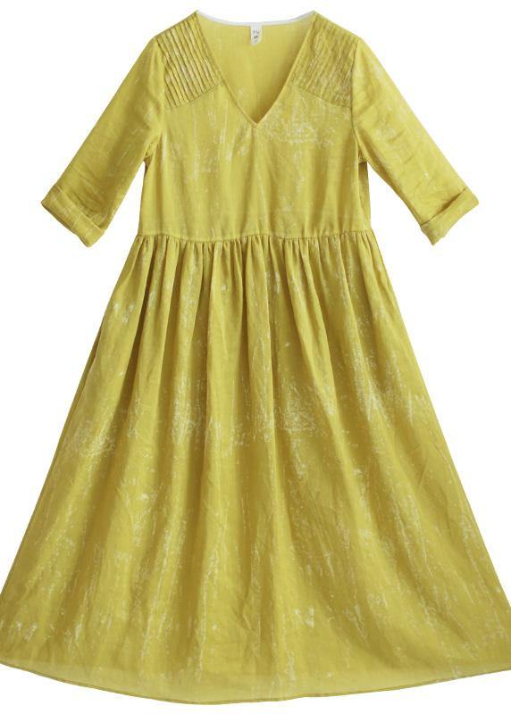 V Neck Tie Waist Summer Clothes for Ideas Yellow Loose Dress