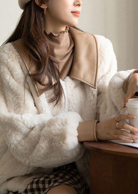 White Peter Pan Collar Button Faux Fur Coats Winter