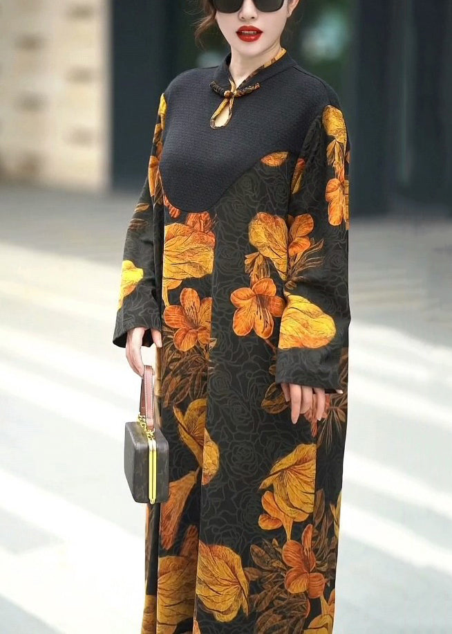 Yellow Button Print Silk Long Dresses Spring