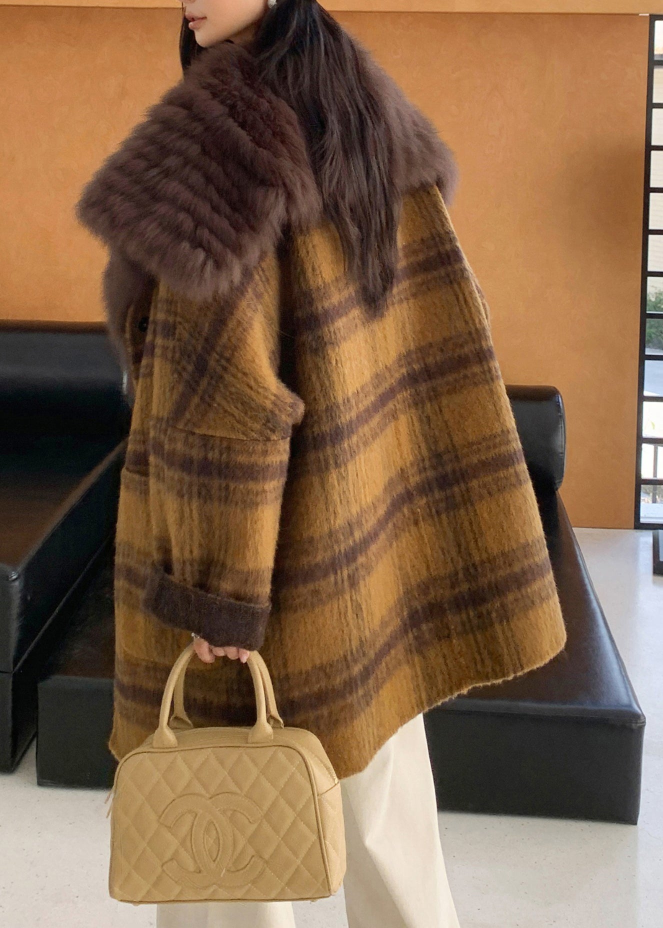 Yellow Fur Collar Plaid Pockets Wear on Both Sides Woolen Coats Spring