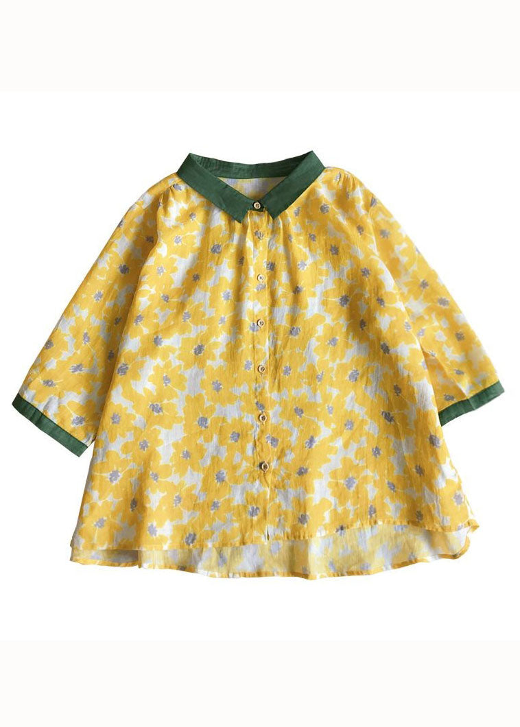 Yellow Peter Pan Collar Print Linen Shirt Tops Bracelet Sleeve