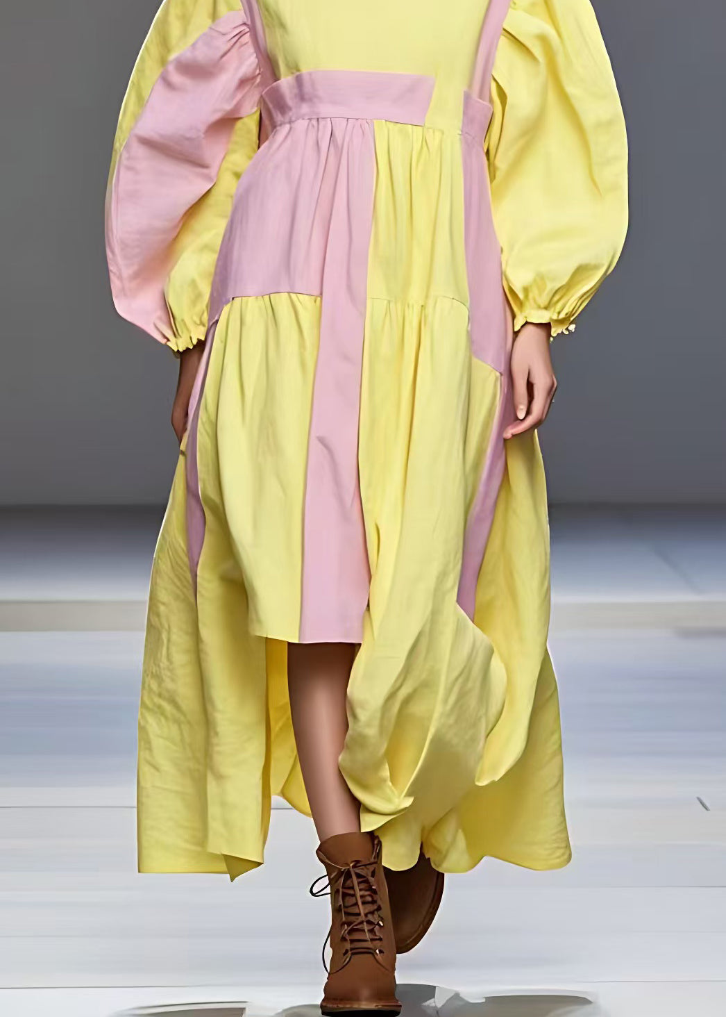 Yellow Turtleneck Wrinkled Patchwork Cotton Dress Fall
