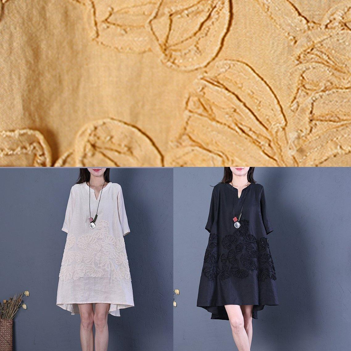 Black Linen Dress V Neck Low High Design Cotton Summer Dress