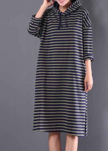 Blue Striped Linen Clothes for Hooded Drawstring Daily Spring Dress