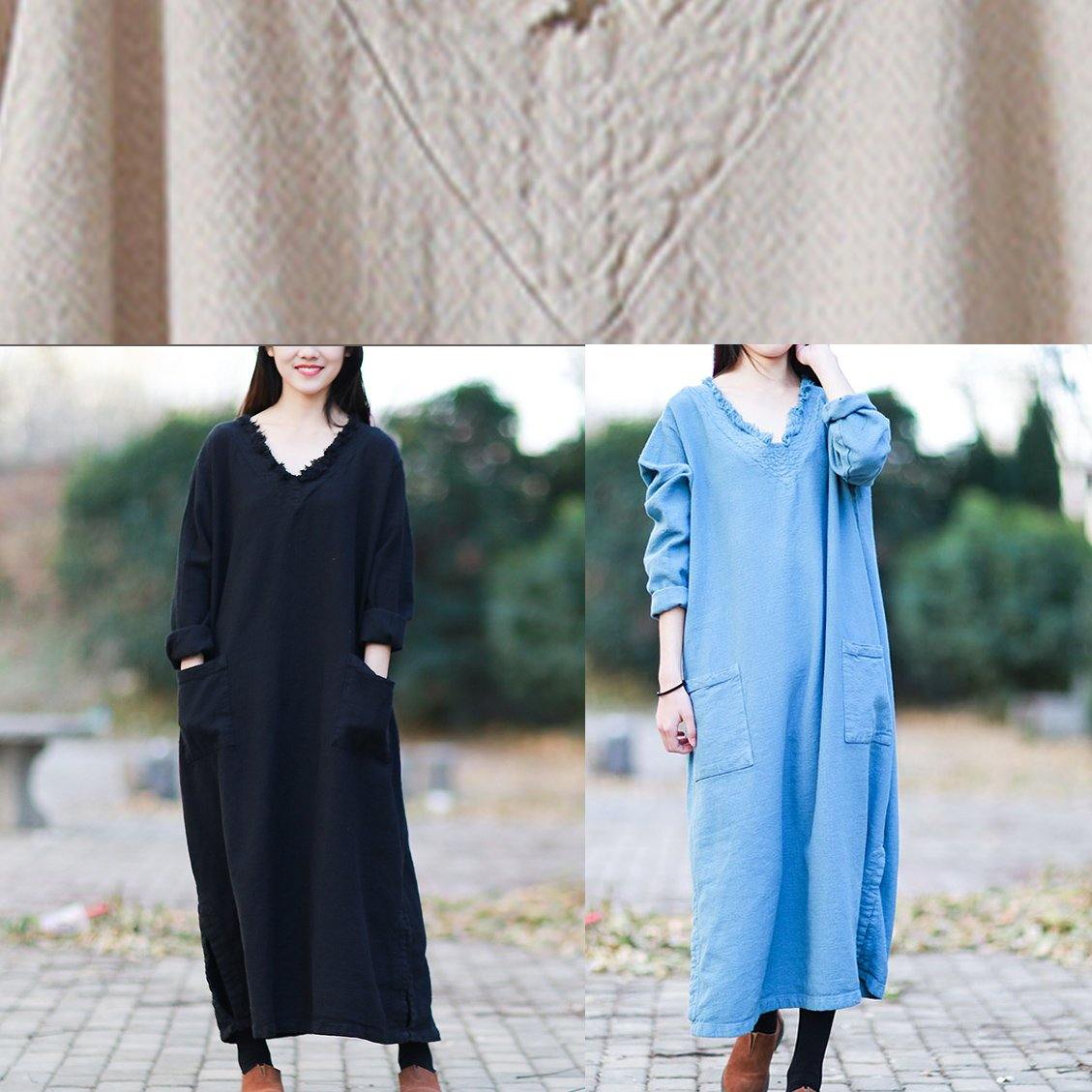 V Neck Pockets Fall Clothes for Outfits Black Kaftan Dress