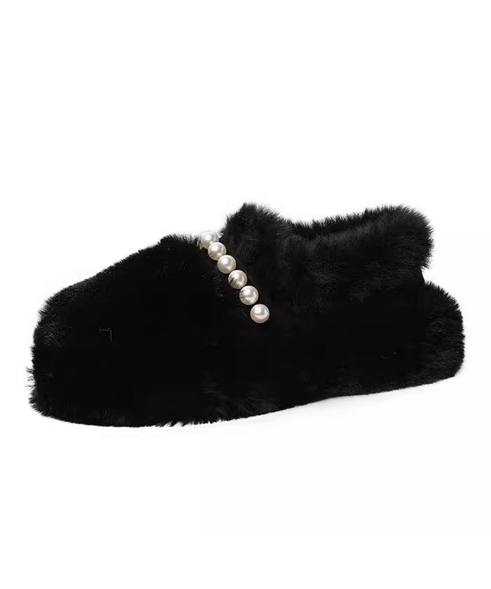 Beige Fuzzy Fur Platform Penny Loafers Splicing Nail Bead