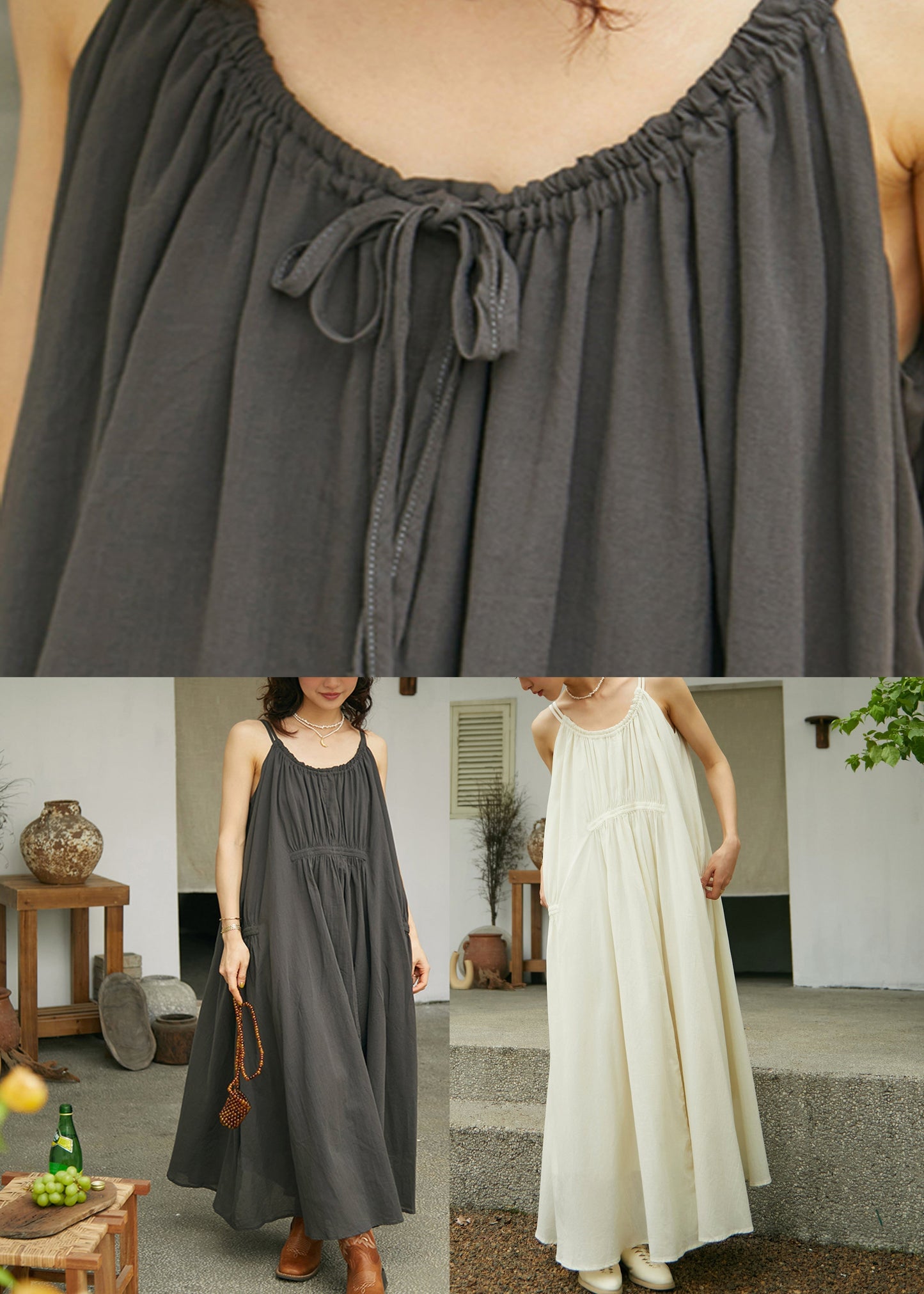 Beige O-neck Wrinkled Cotton Maxi Spaghetti Strap Dress Sleeveless