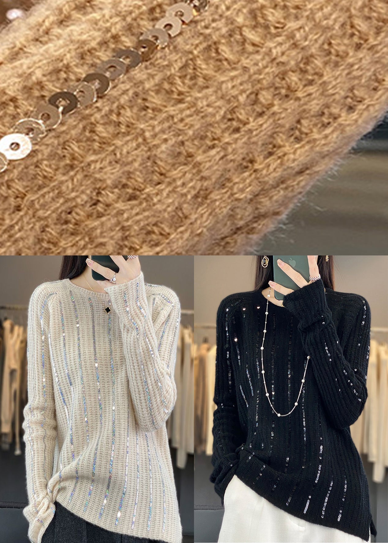 Beige Sequin Thick Knit Sweater O Neck Long Sleeve