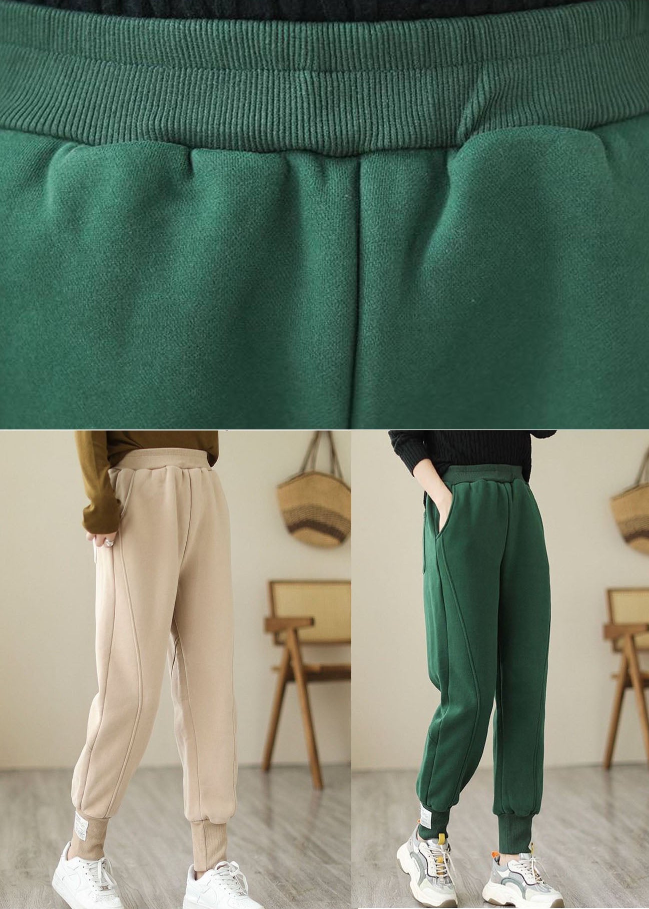 Beige Warm Fleece Beam Pants High Waist Color Winter