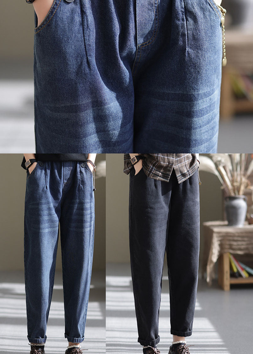 Black Cotton Denim Pants Button Cinched Spring