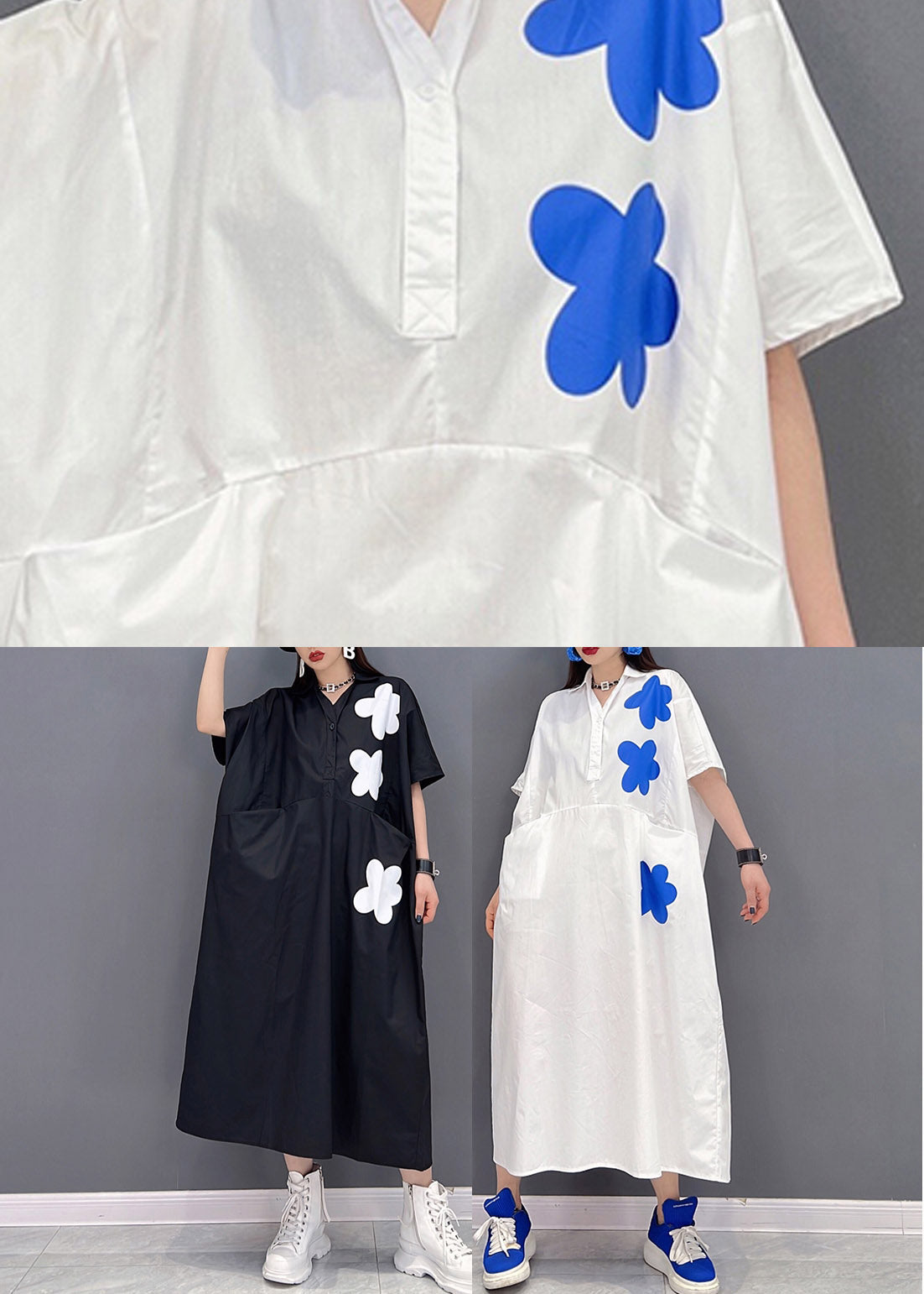 Black Patchwork Pockets Button Dress Short Sleeve