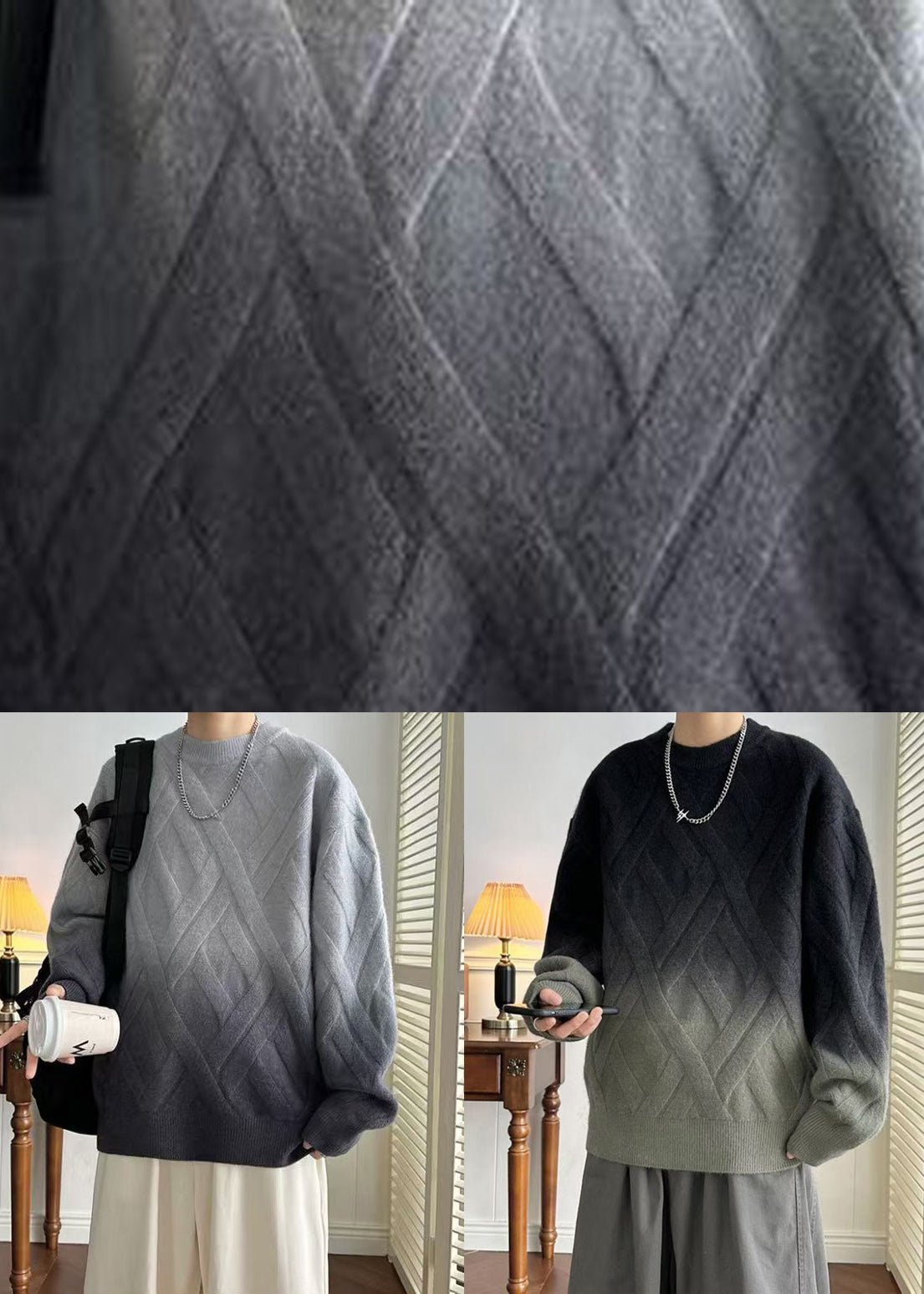 Black Gradient Color Cozy Knit Winter Sweaters O Neck