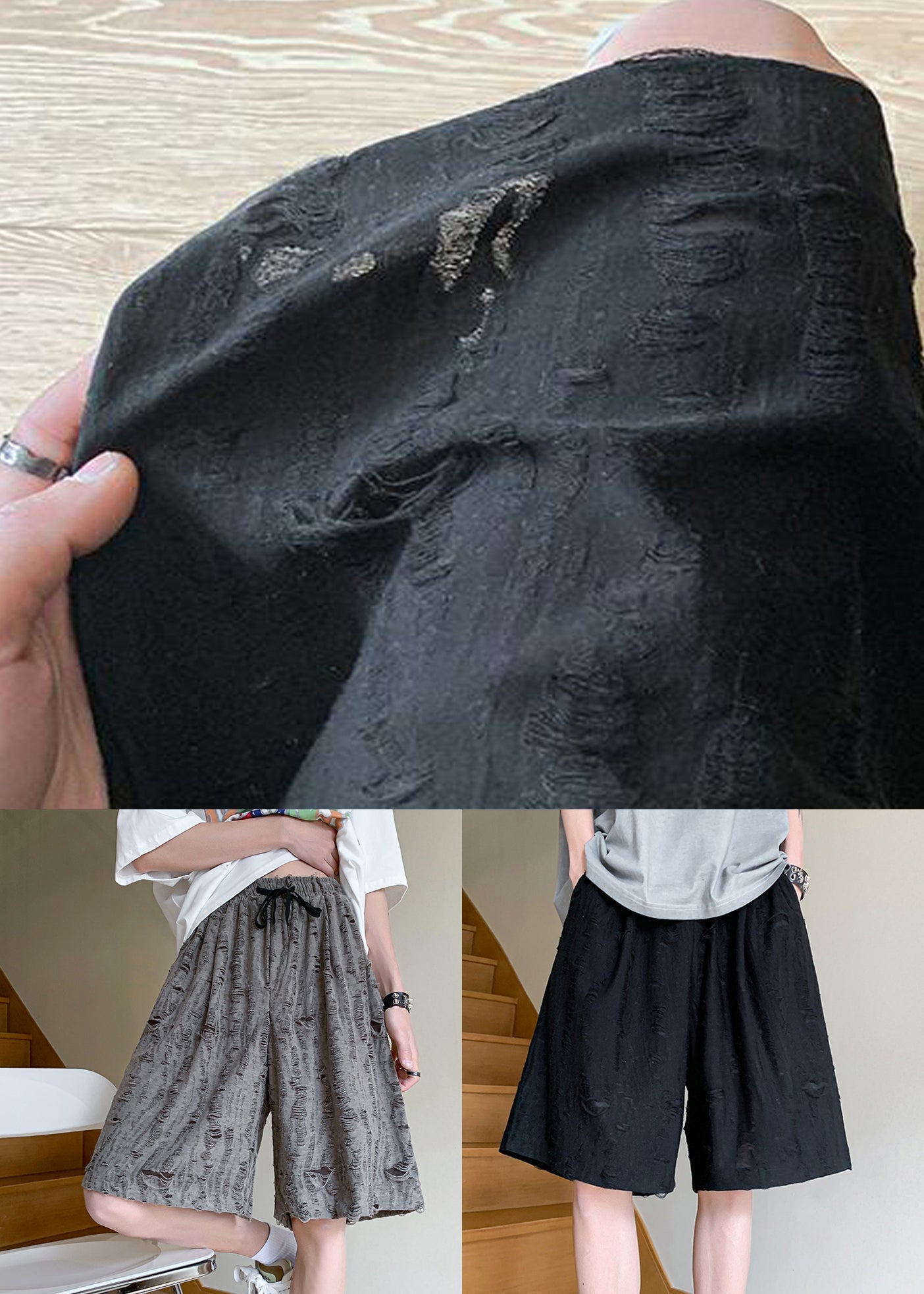 Black Lace Up Elastic Waist Cotton Summer Shorts Hole