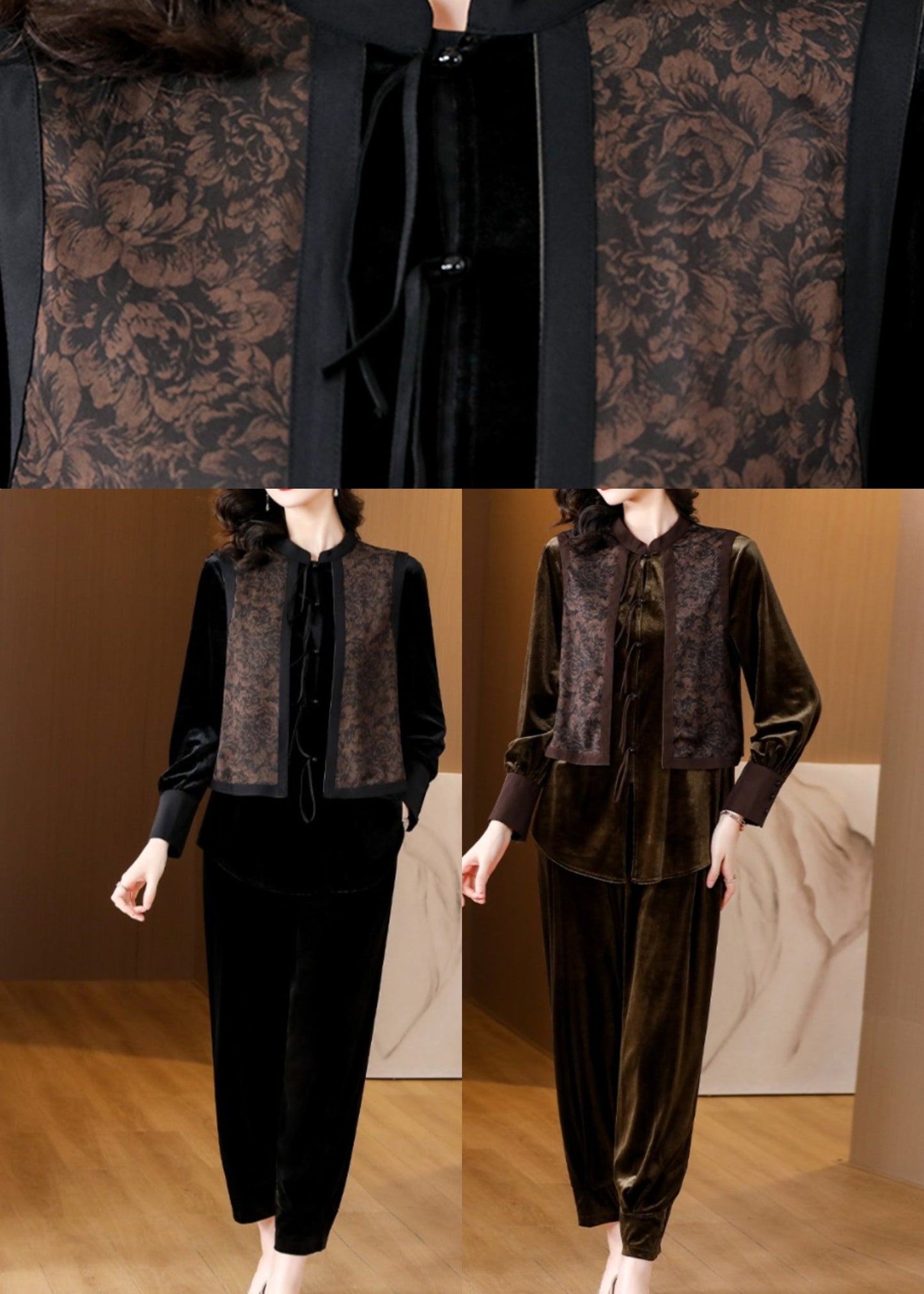Black O-neck Print Silk Velour Shirts and Harem Pants Two Pieces Set Fall