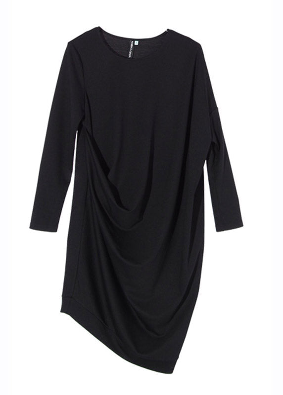 Black O-neck Wrinkled Long Dresses Long Sleeve