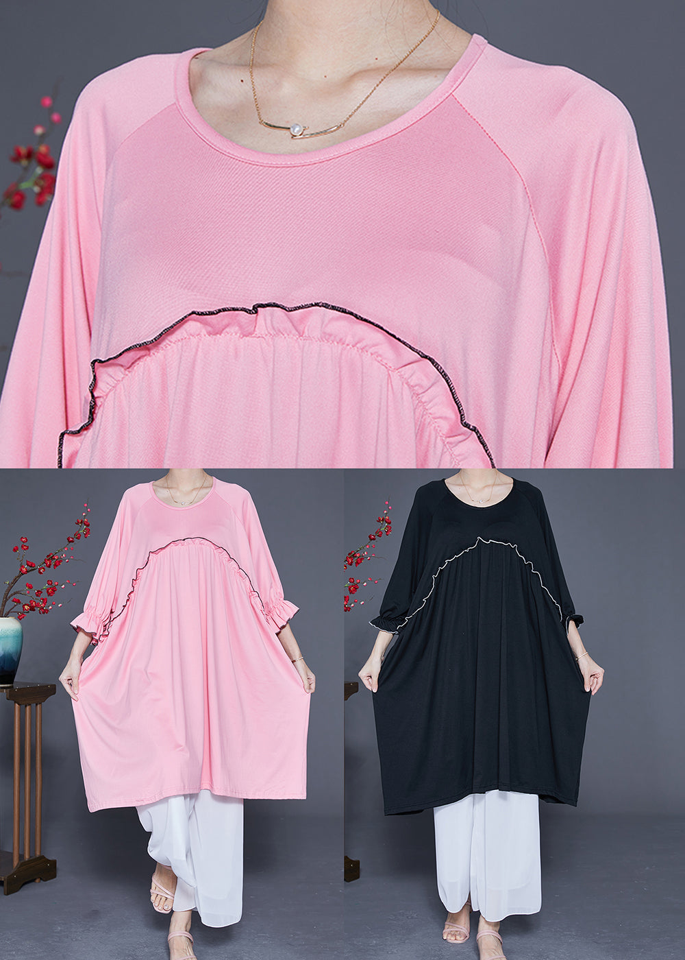 Black Oversized Cotton Long Dress O-neck Ruffled Summer