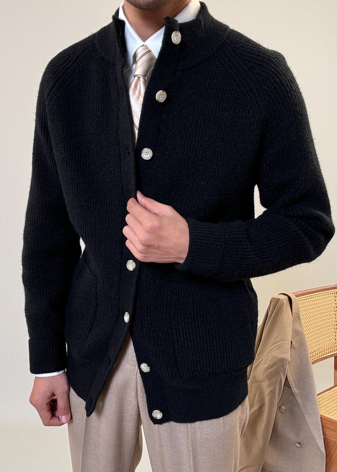Black Pockets Cozy Cotton Knit Coats Stand Collar