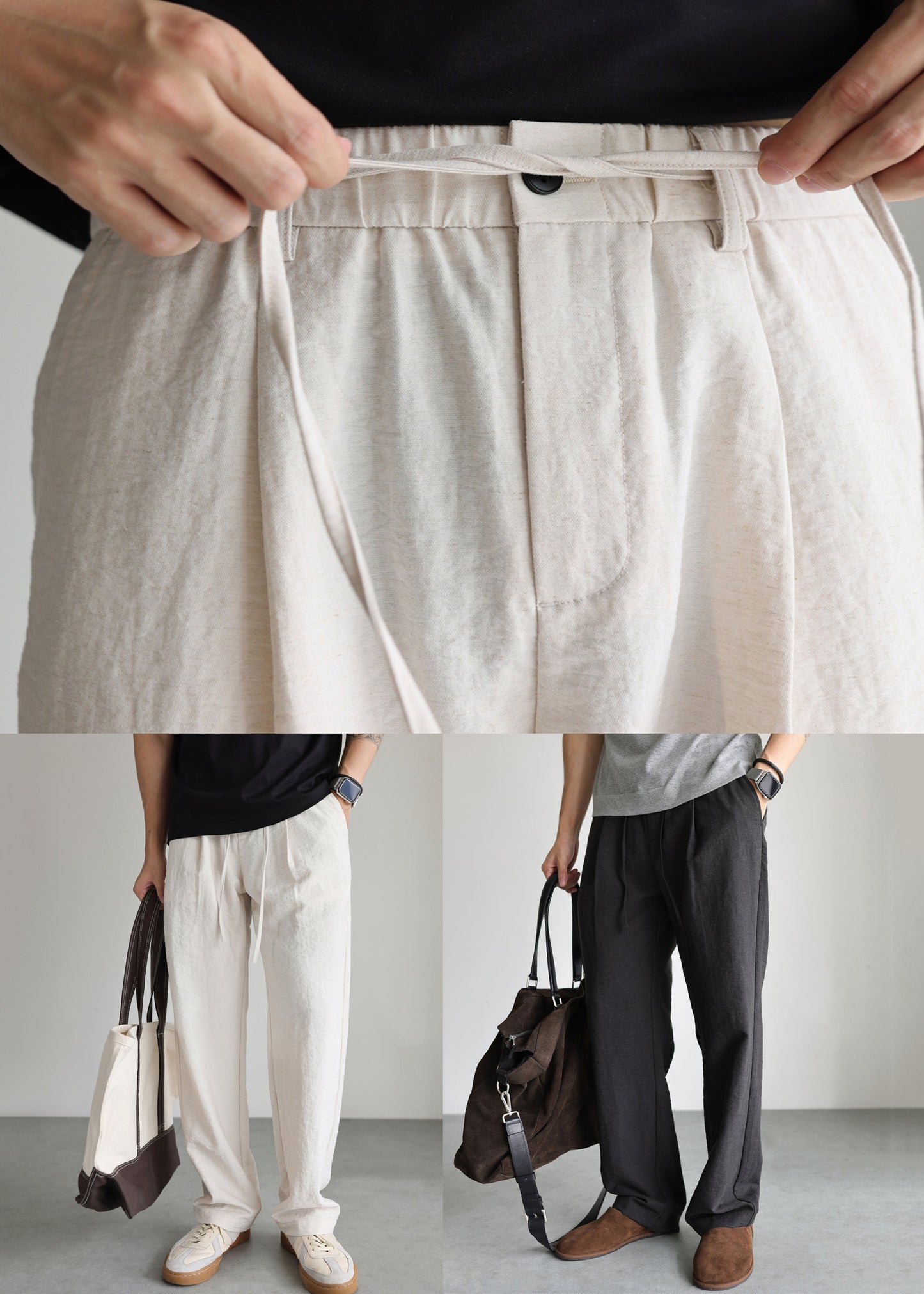 Black Pockets Linen Straight Pants Elastic Waist
